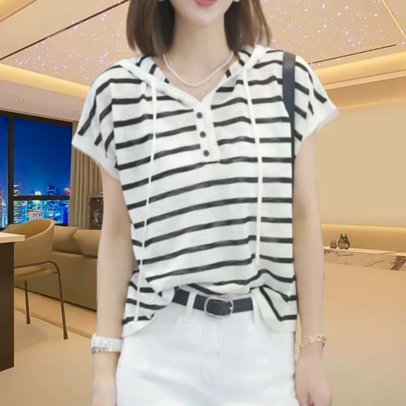 【斑马条纹】春季时尚洋气条纹短袖针织衫2025新款气质休闲连帽上衣