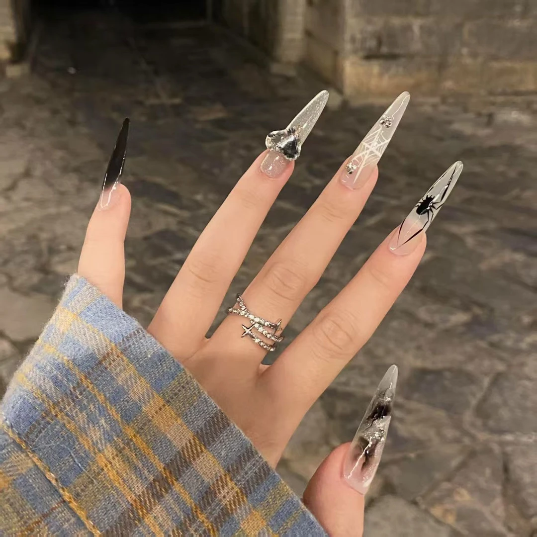 甜酷蜘蛛~穿戴甲暗黑高级渐变欧美风辣妹ins甜酷拽姐幽灵搞怪美甲