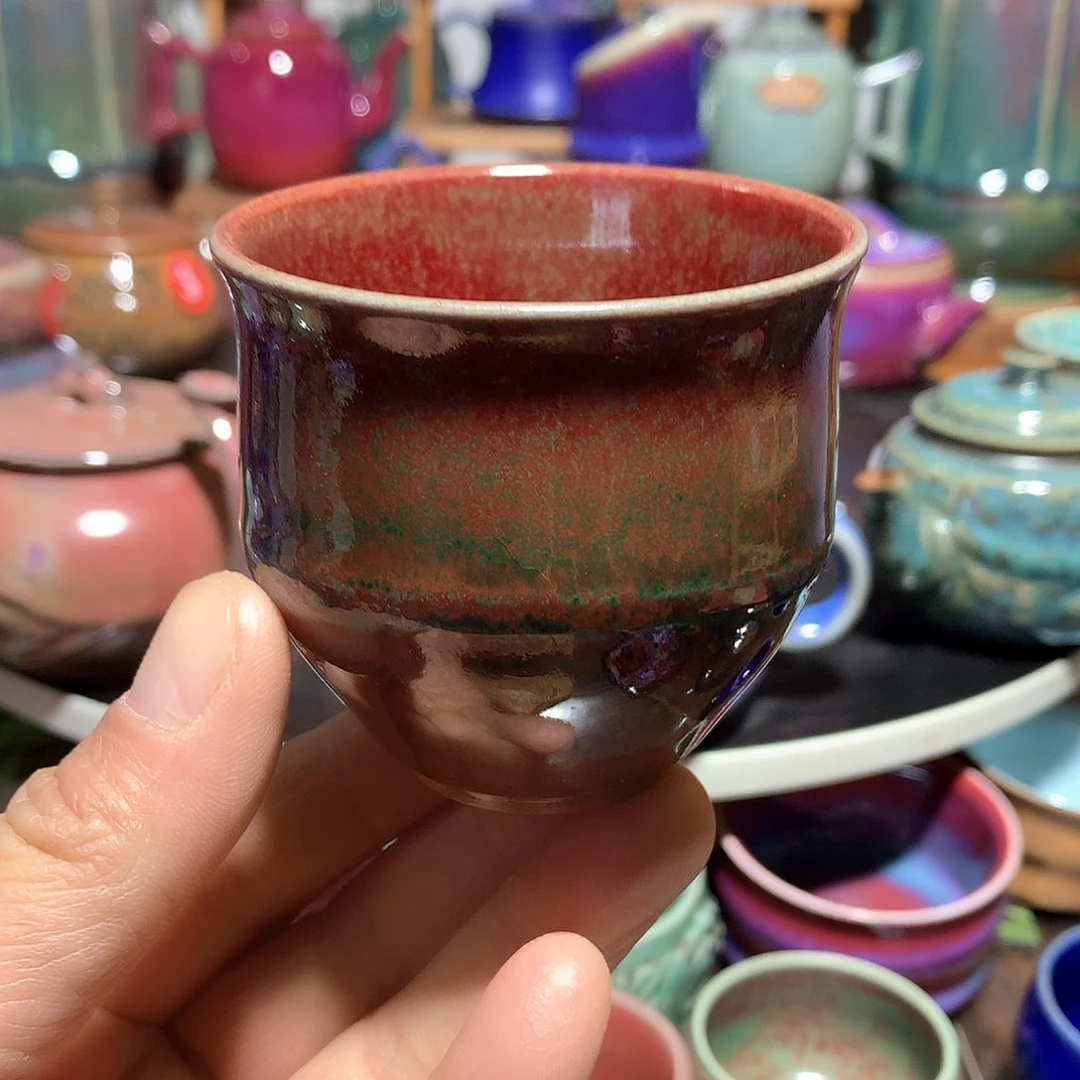 杯老*纯手工炉钧釉竹节杯