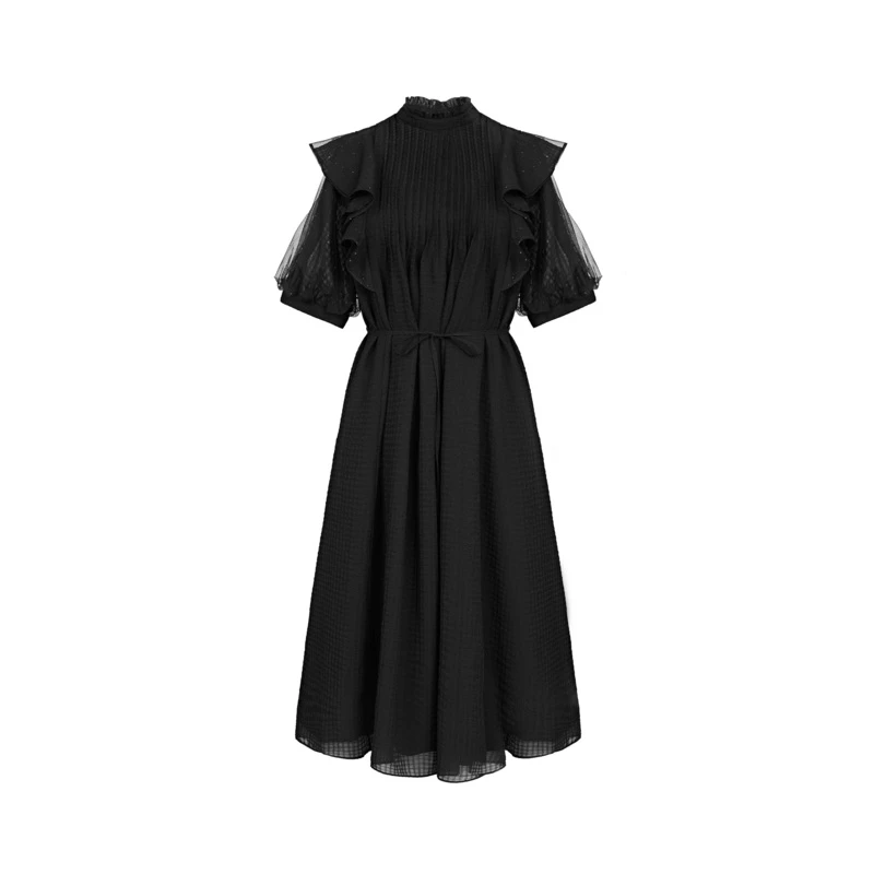 S·DEER圣迪奥女装木耳边圆领荷叶边网纱收腰连衣裙S23281211