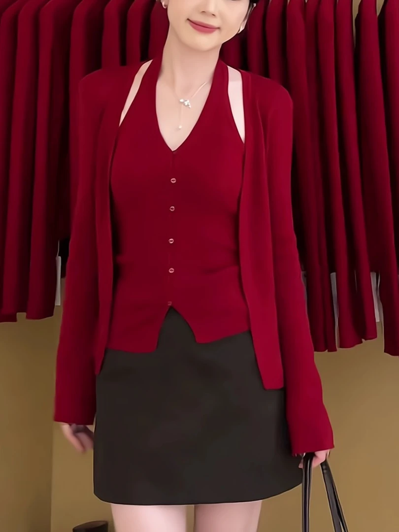 2025秋冬新款复古港风红色针织衫+背心两件套洋气气质时尚上衣女