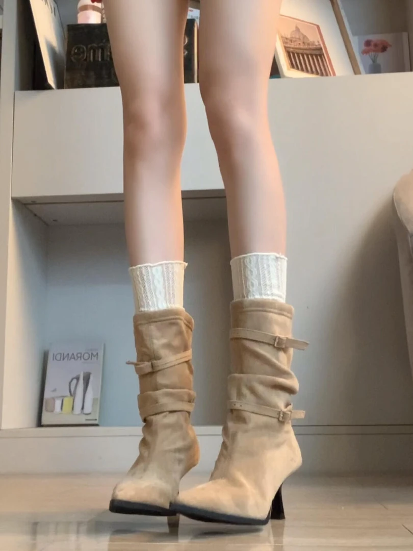 现货版~尖头气质复古褶皱堆堆靴显瘦细跟西部靴高跟短靴女瘦瘦靴