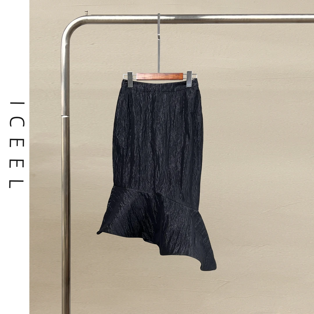 原创女装高级感不规则黑色半身裙新款春秋时尚高雅气质名媛鱼尾裙