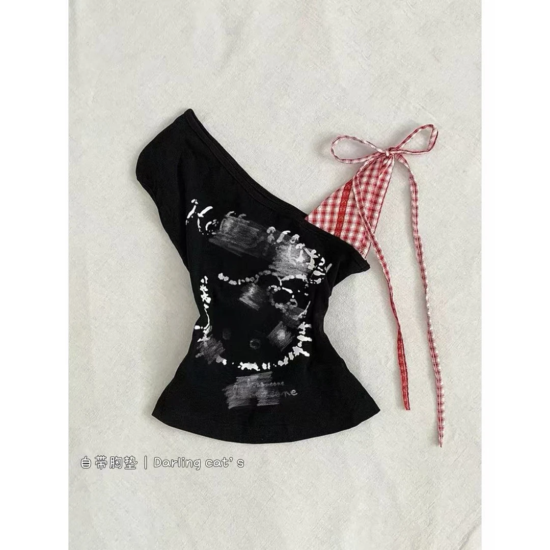 大脸喵 美式甜辣妹黑色Kt猫拼接格纹无袖T恤女夏季百搭上衣