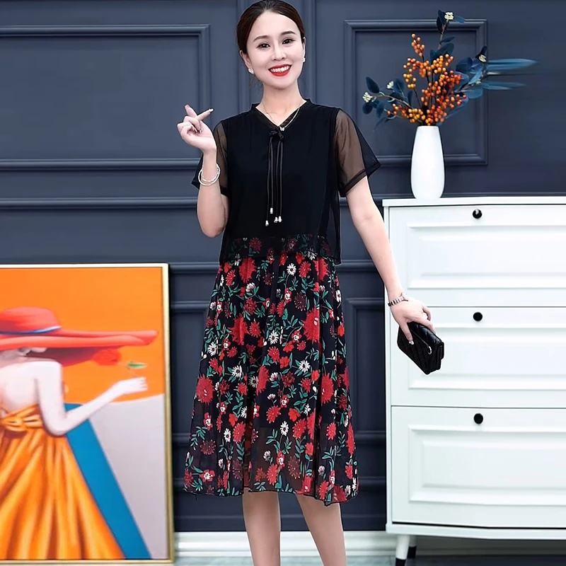 时尚V领网纱短袖印花假两件连衣裙女大码遮肚子减龄洋气显瘦裙子