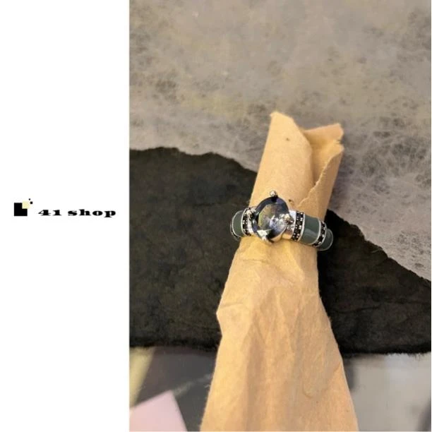 铜合金珐琅戒指 B-40061意大利复古锆石豆绿拼色滴釉开口戒指