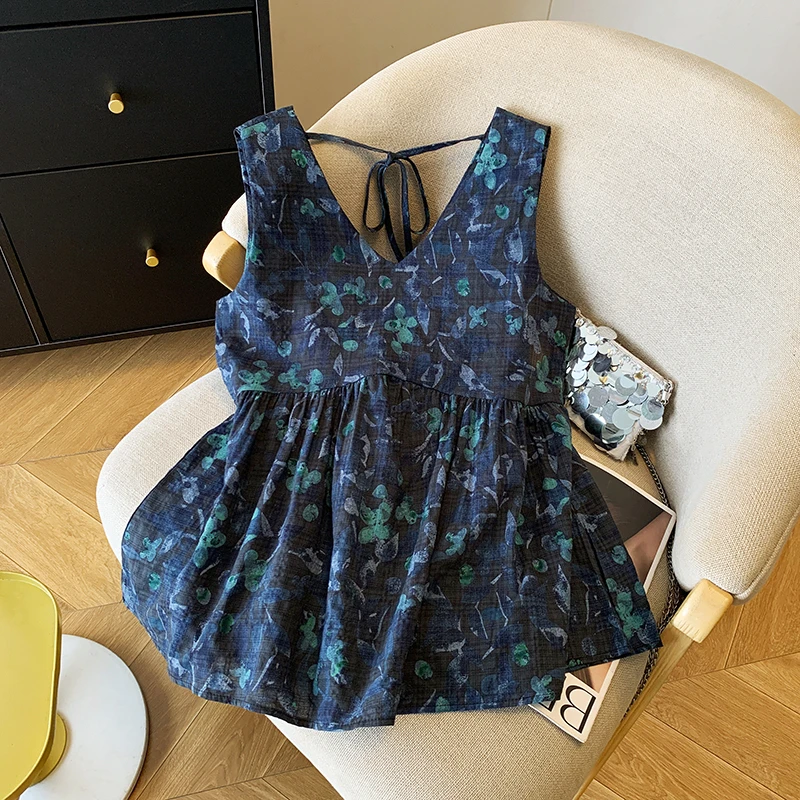 韩版复古洋气小众外穿衬衫女夏季2025新款气质显瘦露背背心上衣