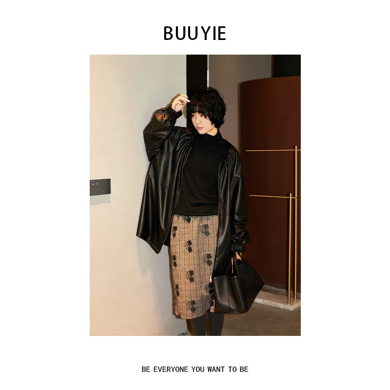 BUUYIE 25SS【影笙】高级感休闲百搭圆领抽绳皮衣外套 250773