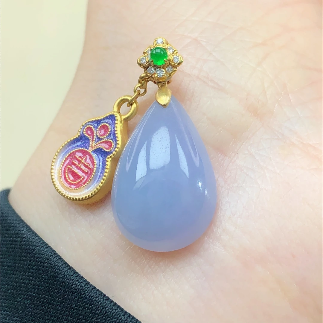 18k金镶嵌天然a货翡翠珠宝玉石冰种紫罗兰小水滴吊坠首饰直播11