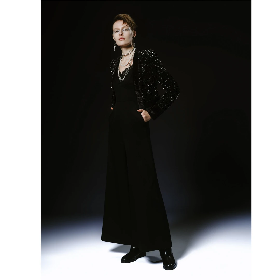 limil/丽米儿新款时尚高腰阔腿裤神秘性感羊毛吊带连体裤9100118