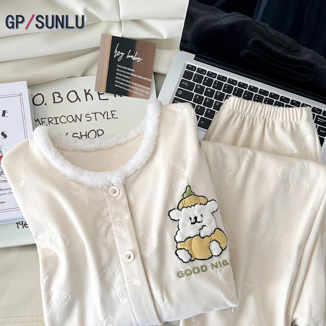 日本小众GP线条小狗德绒睡衣女秋冬季薄绒长袖海岛绒家居服春秋套