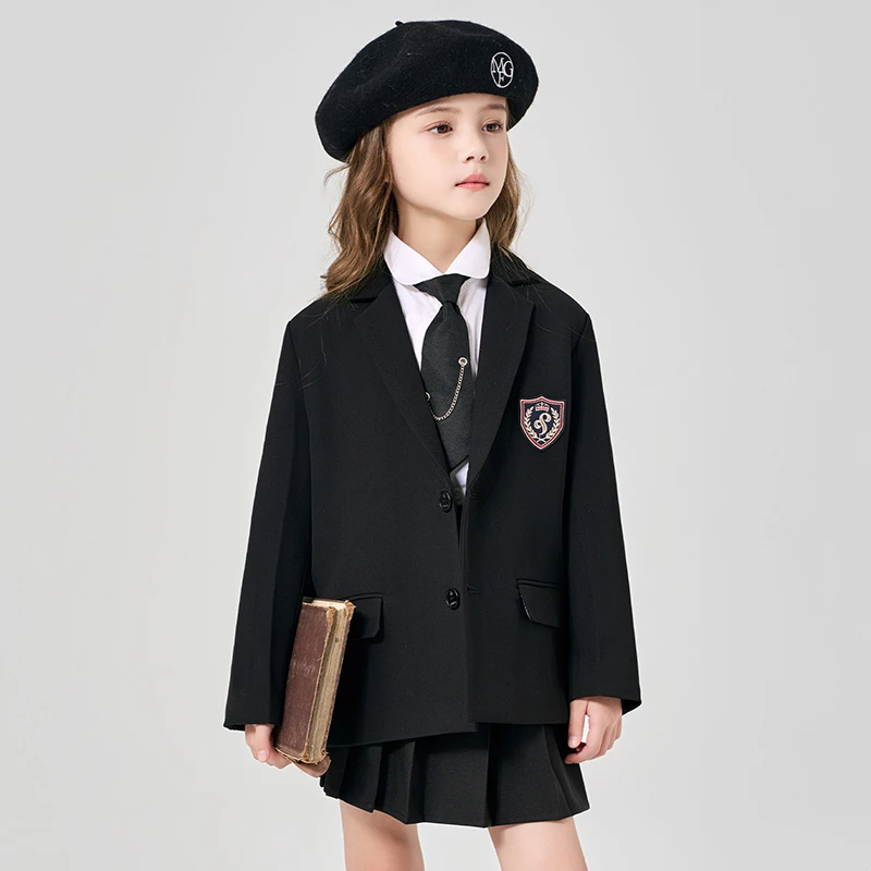 罗蒙童装女童西装法式优雅千金风英伦中大童班服春秋季学院风黑色