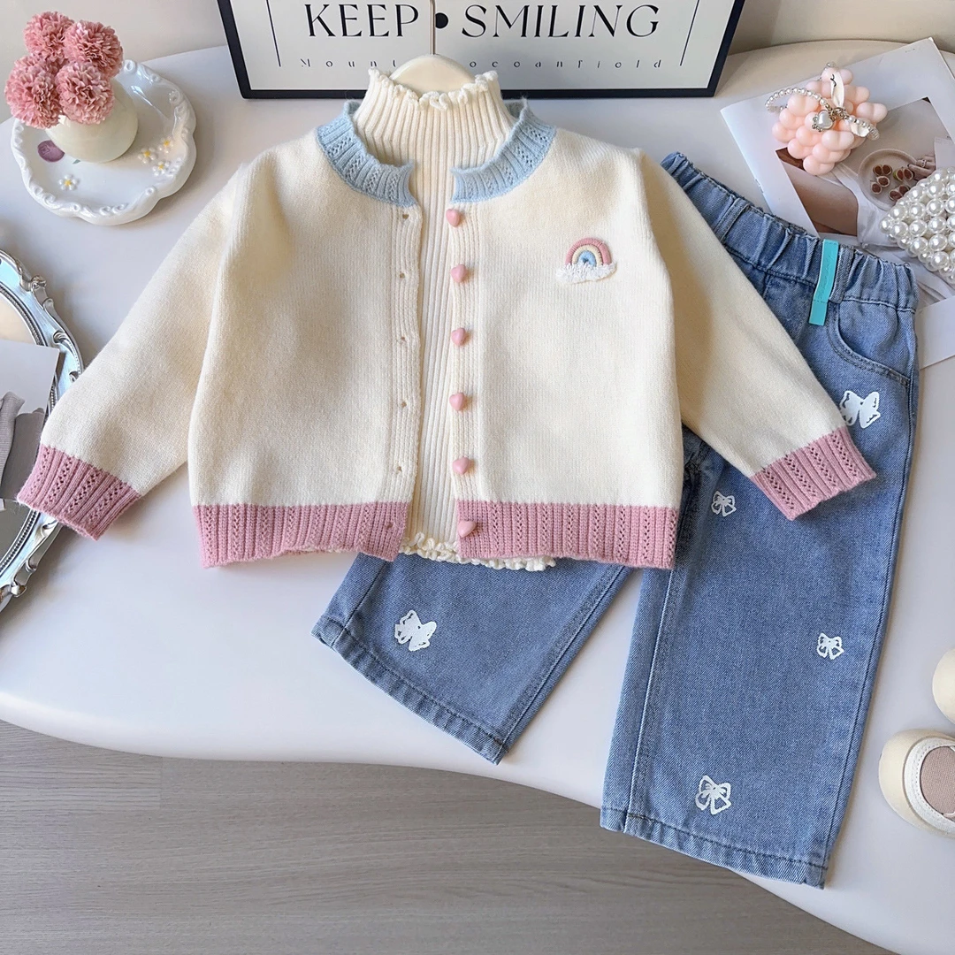 女童针织上衣春秋季新款洋气时尚小彩虹开衫针织毛衣外套CCB009