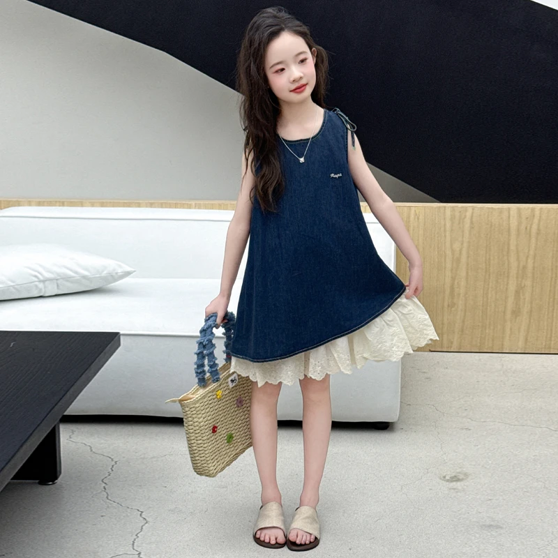 女童连衣裙夏季无袖牛仔裤韩版洋气中大童2025新款蕾丝两件套裙子