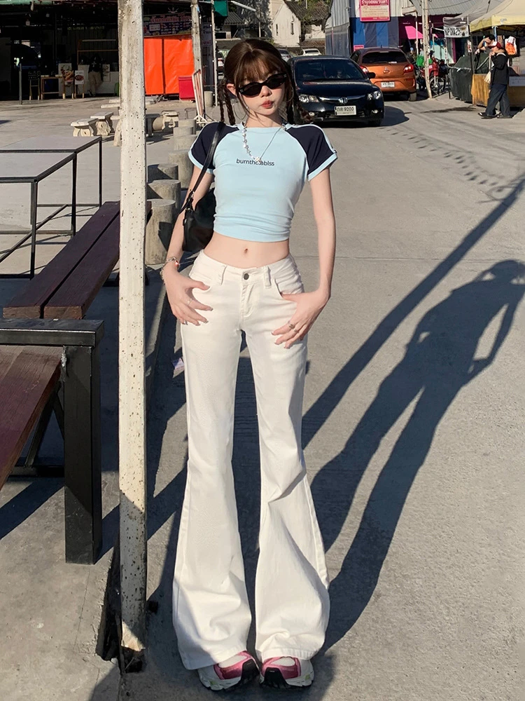 白色微喇叭牛仔裤女夏季低腰显瘦弹力百搭修身黑色美式辣妹喇叭裤