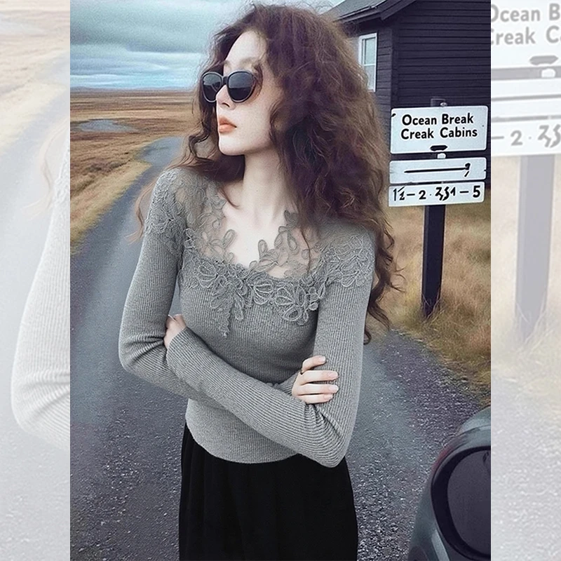 别致独特漂亮内搭灰色蕾丝小衫女韩系秋冬洋气高贵针织衫露肩上衣