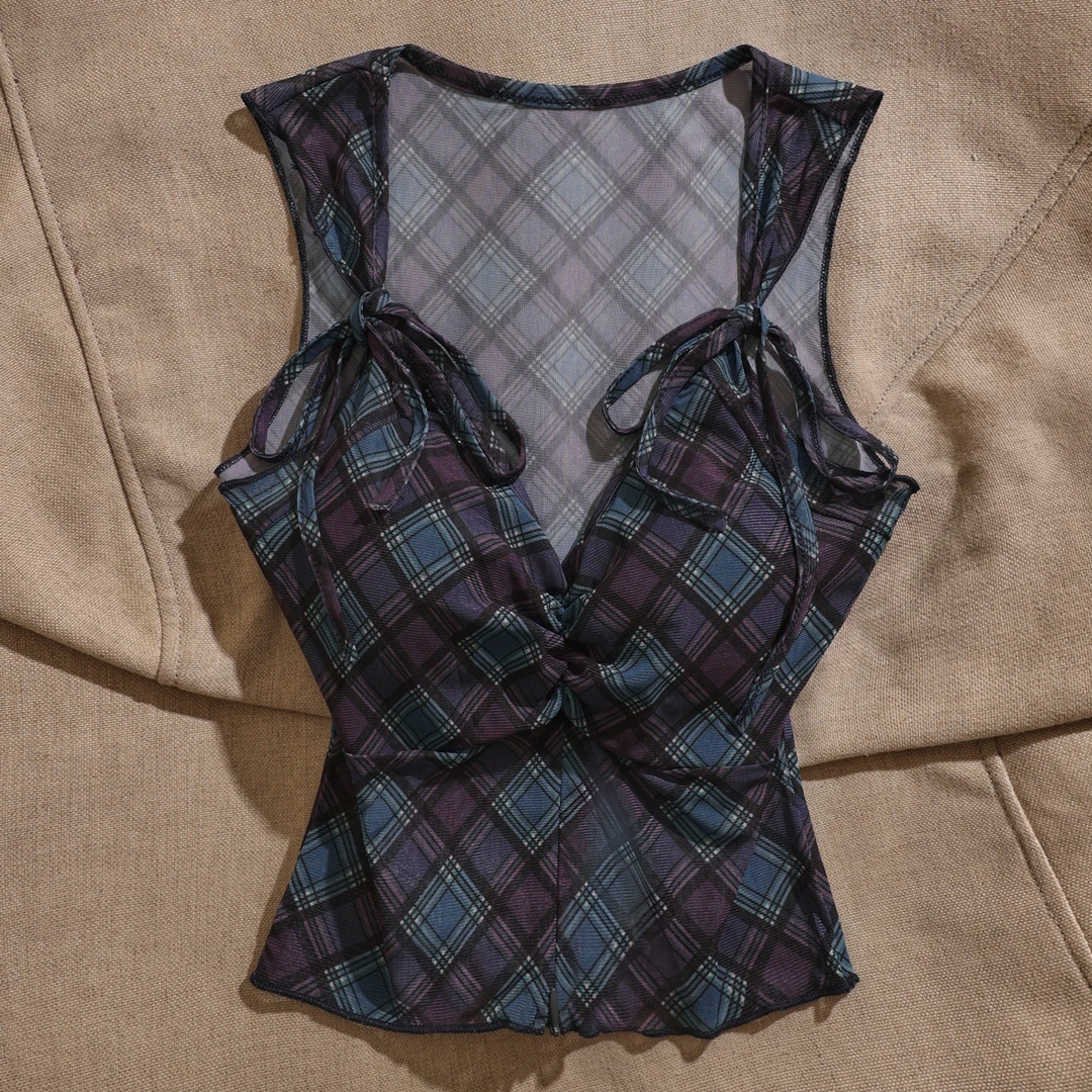 2025新款辣妹纯欲风性感格纹无袖背心女显瘦上衣吊带小众设计感