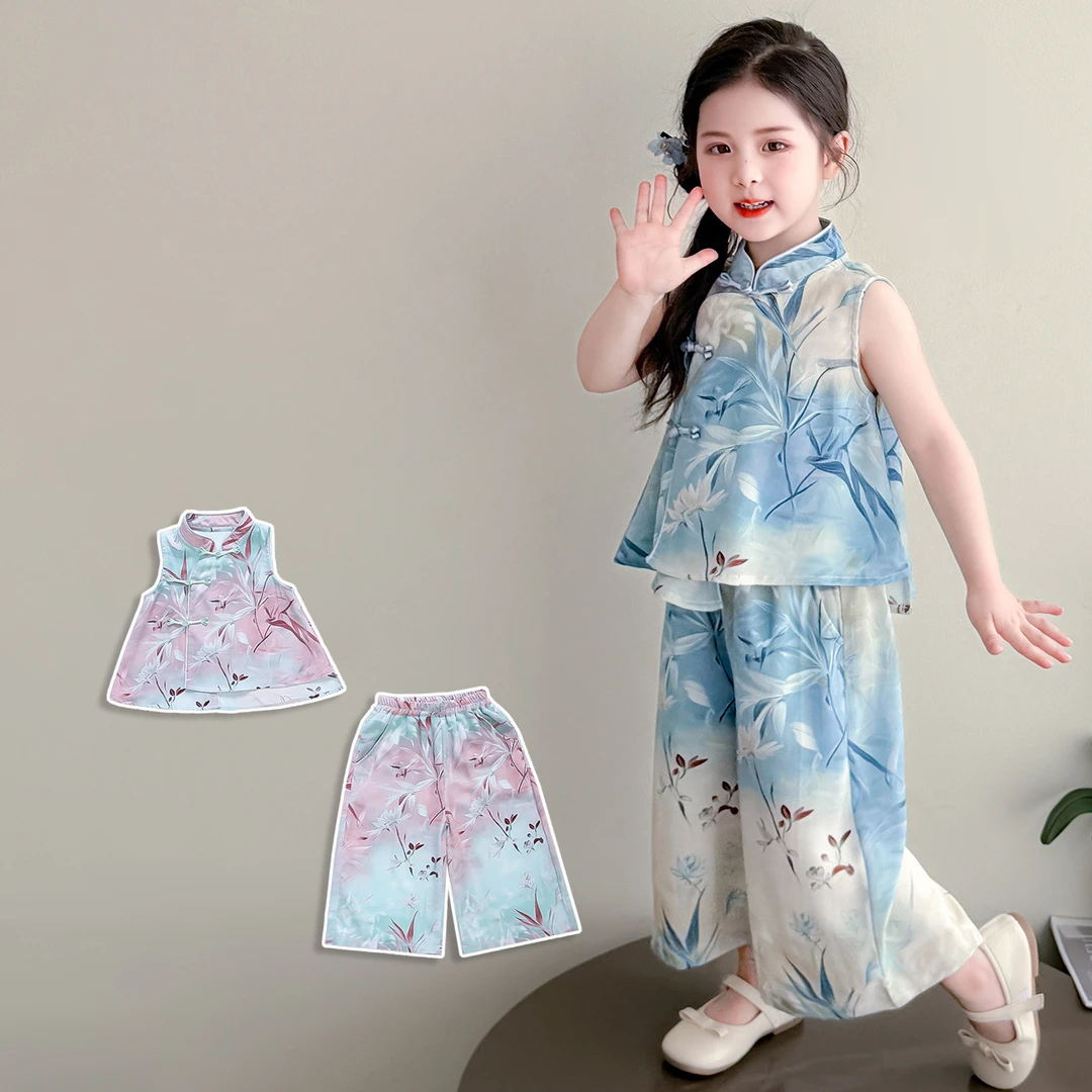 女童国风套装夏季2025新款儿童洋气女宝宝新中式兰花阔腿裤两件套