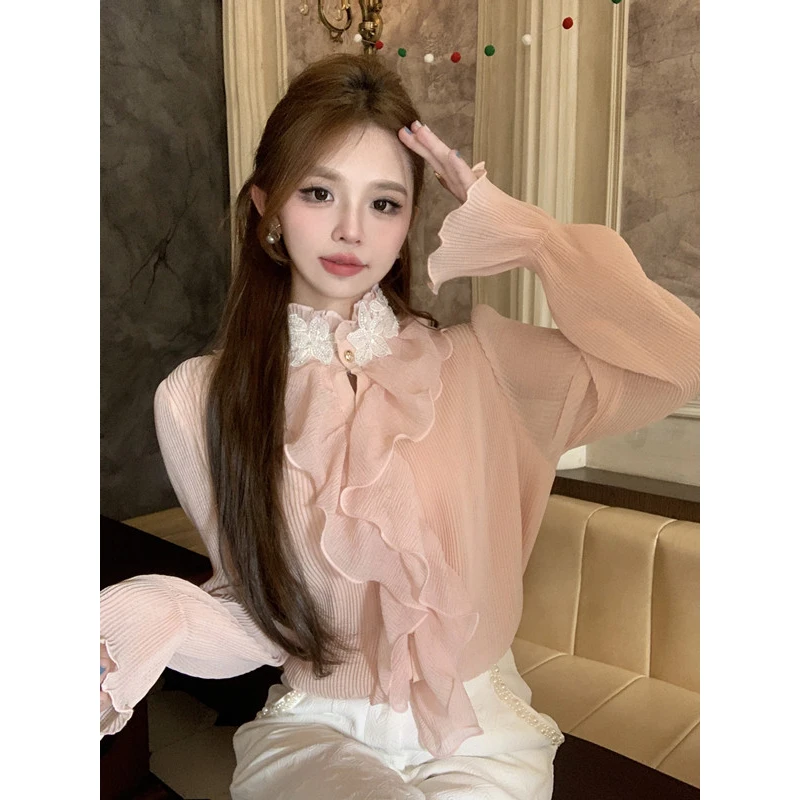 ~设计感荷叶边拼接衬衫法式轻奢喇叭袖珠子立领雪纺