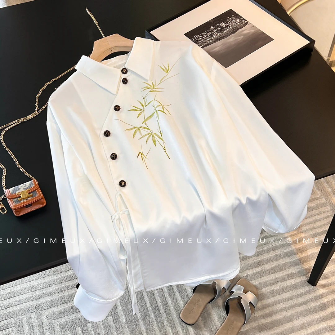 新中式国风禅意竹叶印花衬衫女2025夏季新款斜襟翻领白色开衫上衣