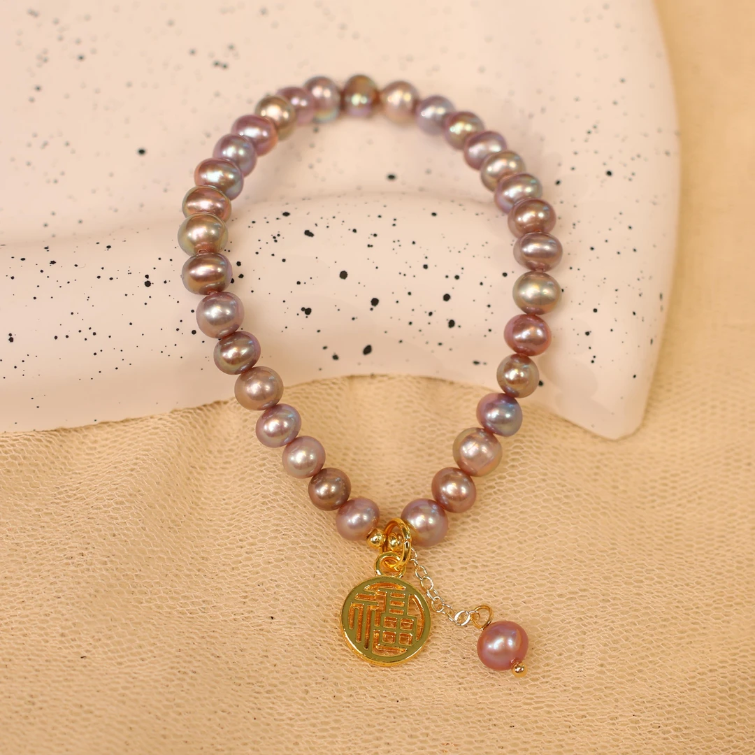 【福牌】5-6mm淡水珍珠手串紫色古法百搭时尚轻奢气质