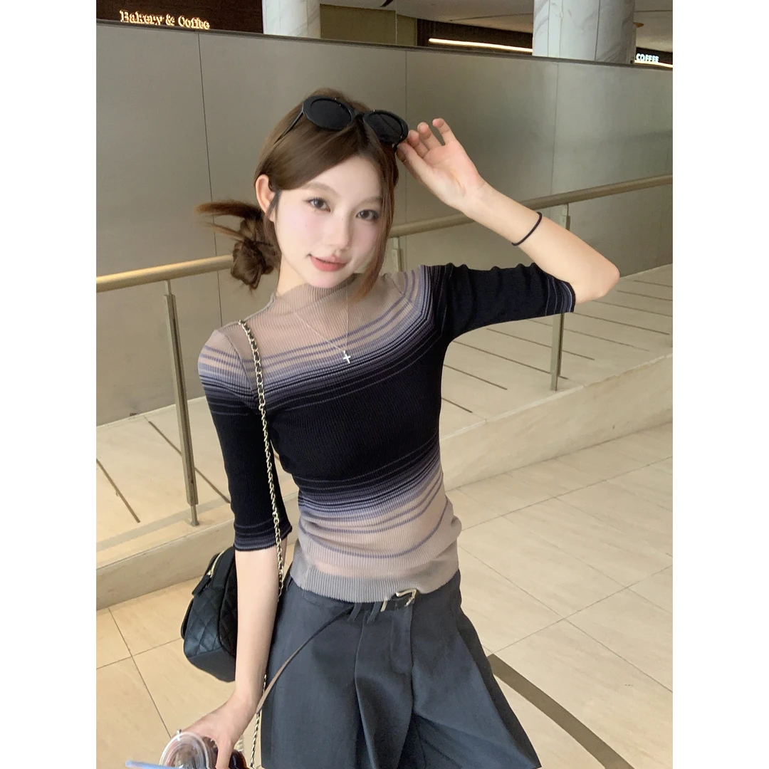 韩系港风透视网纱针织长袖t恤女夏季辣妹修身显瘦短款渐变色上衣