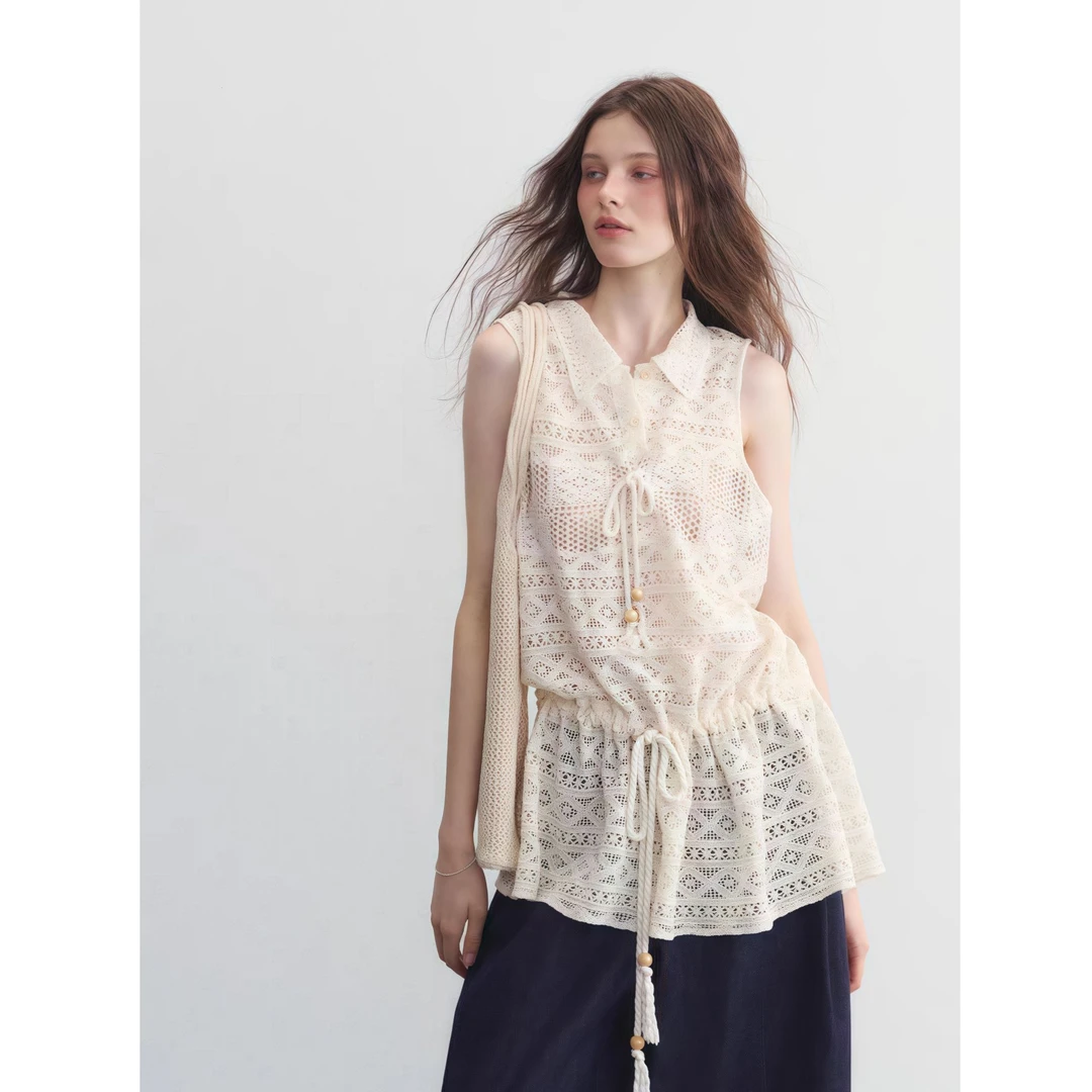 “如约而至”法式针织背心镂空收腰polo领吊带上衣复古