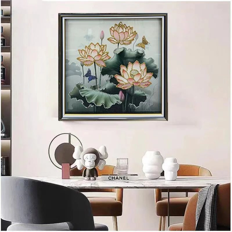 Q112荷花餐厅装饰画温馨奶油风饭厅挂画卧室房间软装艺术挂画