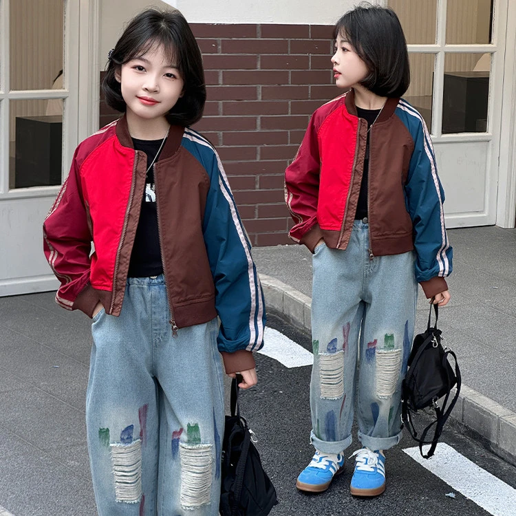 女童撞色夹克衫外套2025春秋新款儿童韩版复古牛仔裤运动风两件套