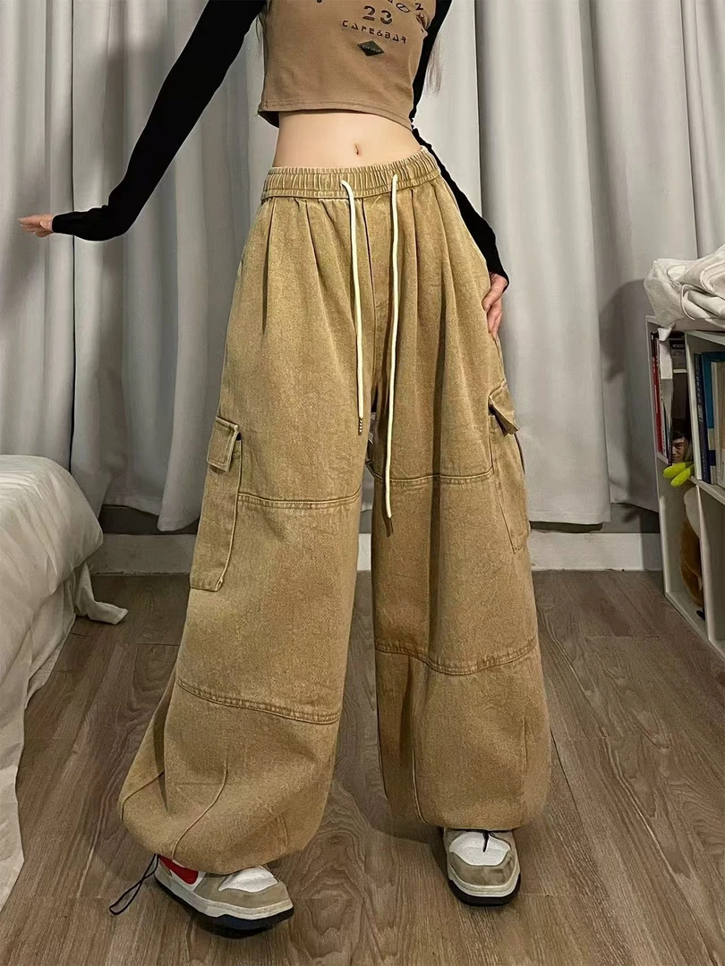 【DK03 工装牛仔裤】酷拽少女 丹宁风复古工装水洗棉重磅阔腿牛仔裤