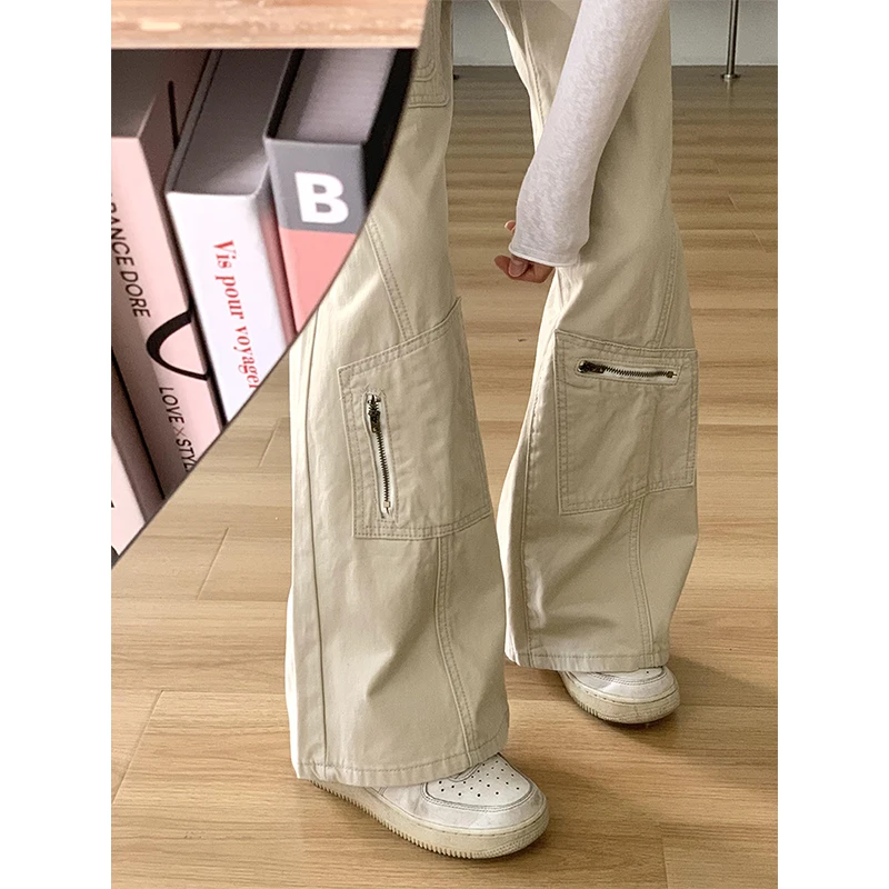 美式设计感多口袋工装牛仔裤女秋冬新款高腰宽松直筒微喇阔腿长裤
