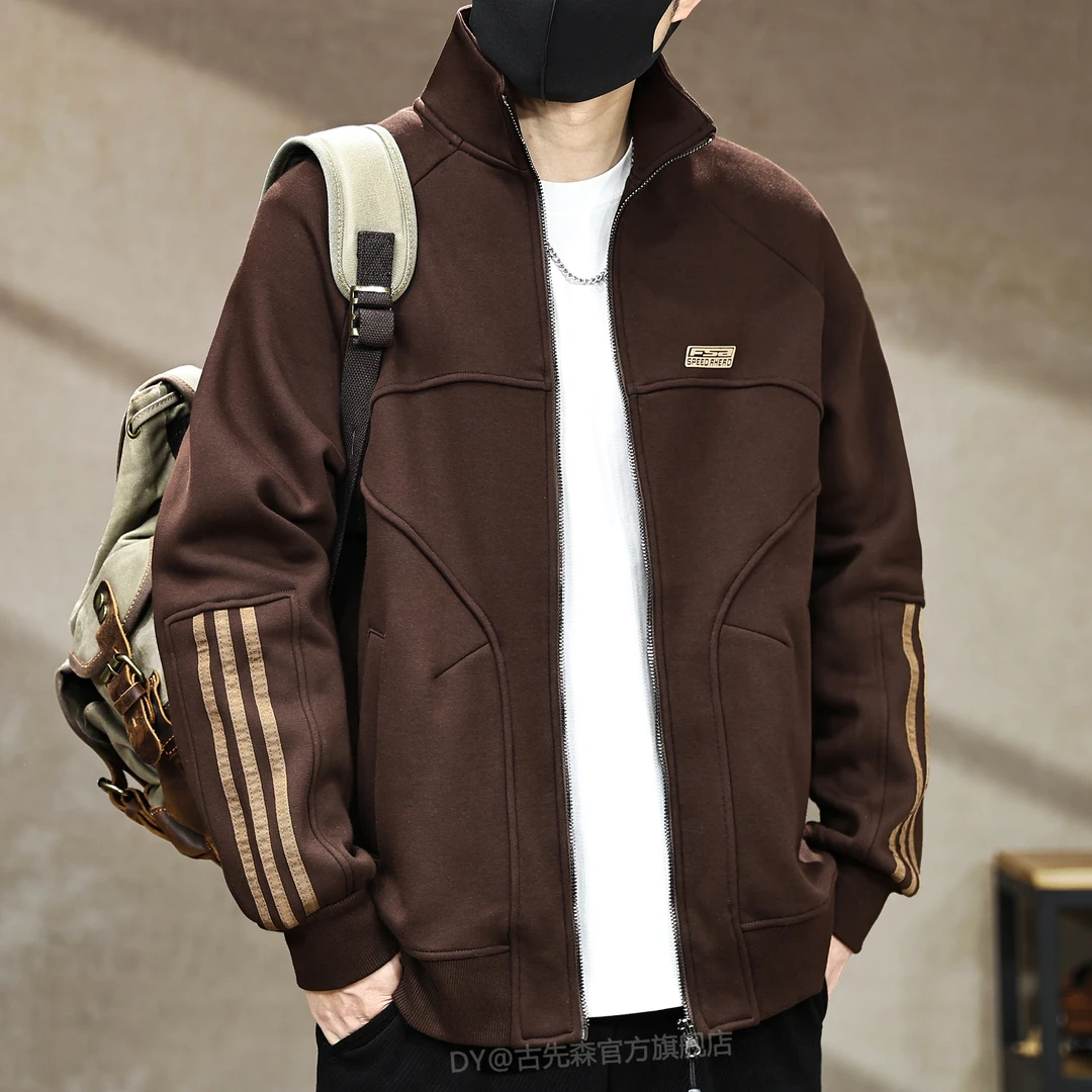 高端美式复古条纹拼接立领开衫卫衣男秋冬加绒宽松长袖外套男装潮