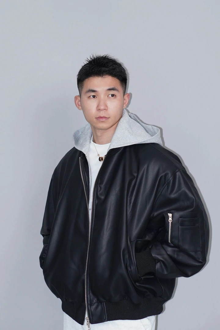 美式假两件连帽皮衣外套男痞帅风哈灵顿机车夹克短款夹棉棒球衣