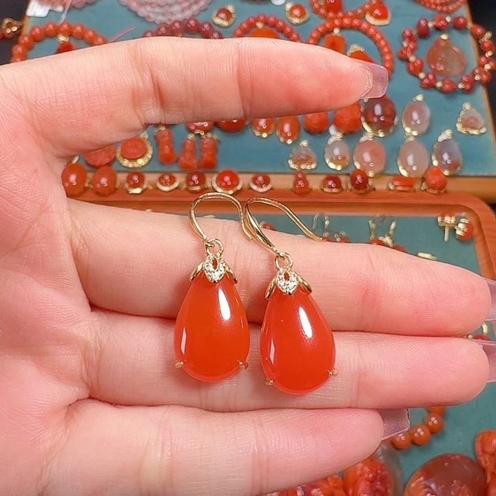 南红玛瑙银S925镶嵌耳饰高货