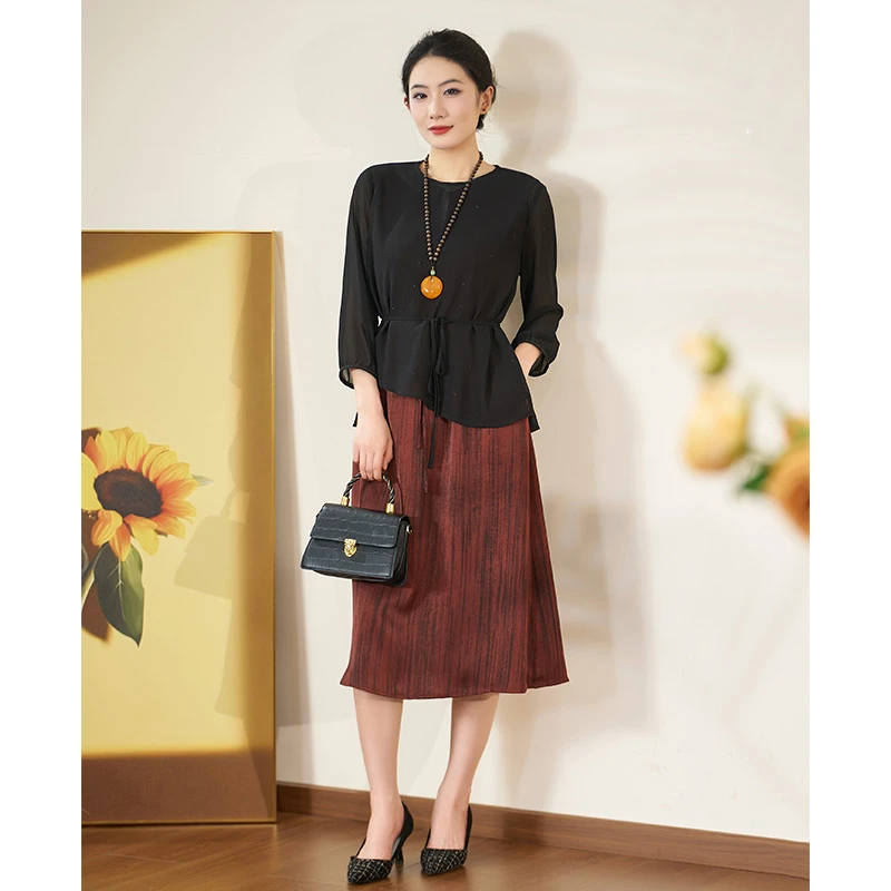 【真两件】迪欧芙2025夏季新款砖红色背心裙百搭黑色罩衫#XTZ18262