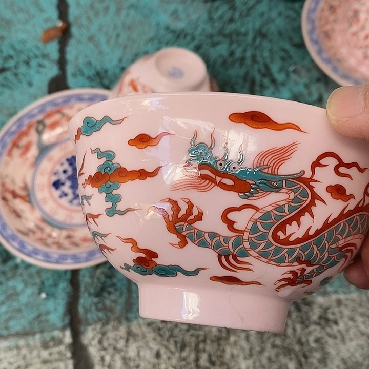 摆件陶瓷红稀土红绿彩龙凤五寸碗
