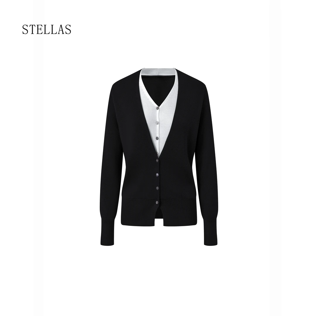 STELLAS 极简系列 小众设计丝光羊毛开衫V领撞色假两件针织衫