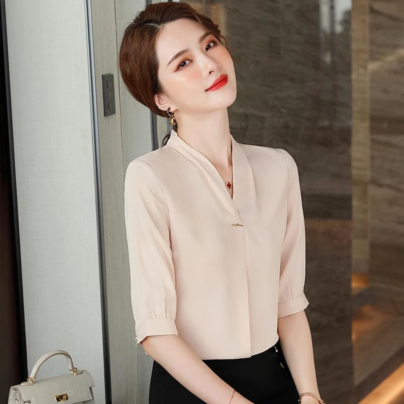 雪纺七分袖衬衫女夏2025新款职业装气质工作服衬衣修身百搭上衣薄