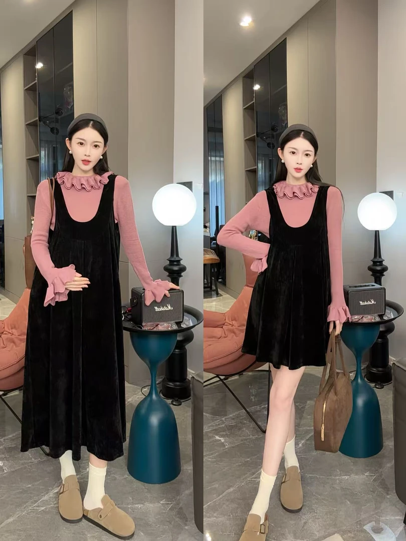 孕妇装秋装套装新款韩版孕妇长袖上衣春秋款时尚显瘦吊带连衣裙子