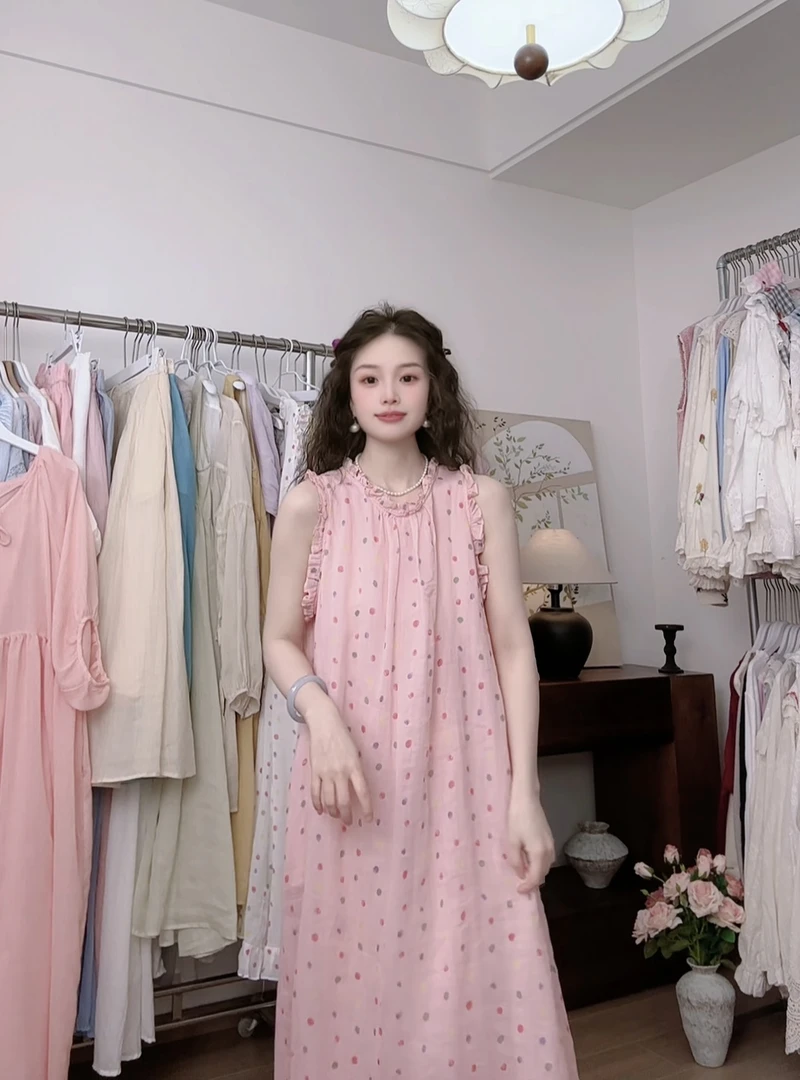 可衣-【柠檬啵啵】新款气质花边无袖波点连衣裙苎麻苎麻高档上衣女