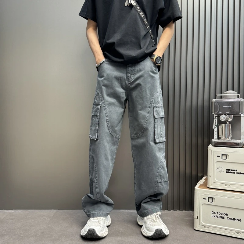 大直筒宽松阔腿拼接工装长裤纯色百搭潮流男士直筒宽松阔腿牛仔裤