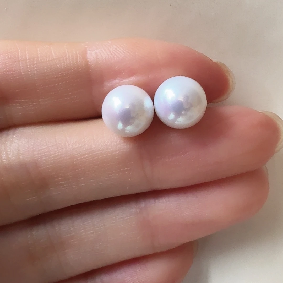 银S925镶嵌淡水珍珠耳饰J**?9-10mm白珠素钉