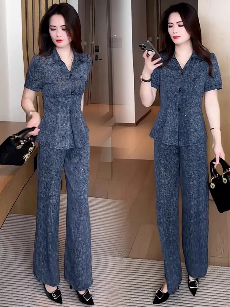 时尚休闲套装女夏季新款洋气质显瘦冰丝短袖衬衫高腰阔腿裤两件套