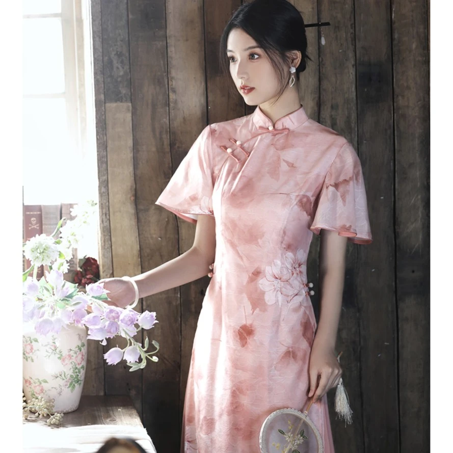 0110 藕粉色 长款 奥戴 旗袍