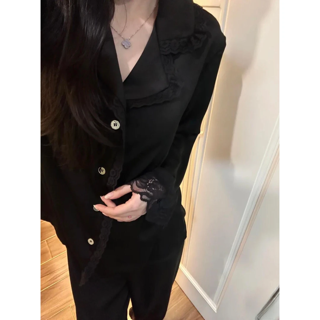 黑色纯欲蕾丝拼接冰丝睡衣女带胸垫春夏季2025新款家居服大码套装