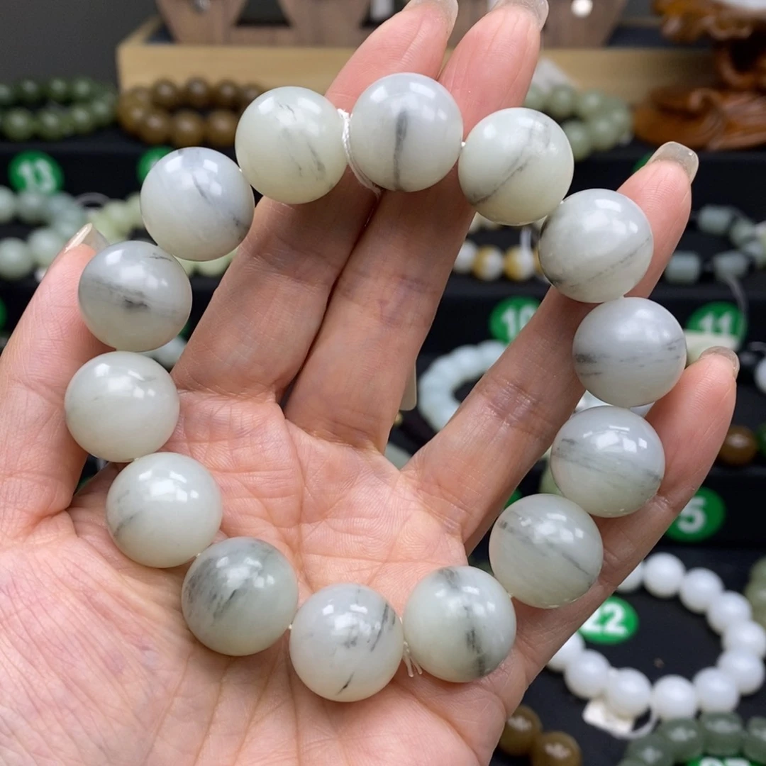 和田玉手链未镶嵌青花16mm