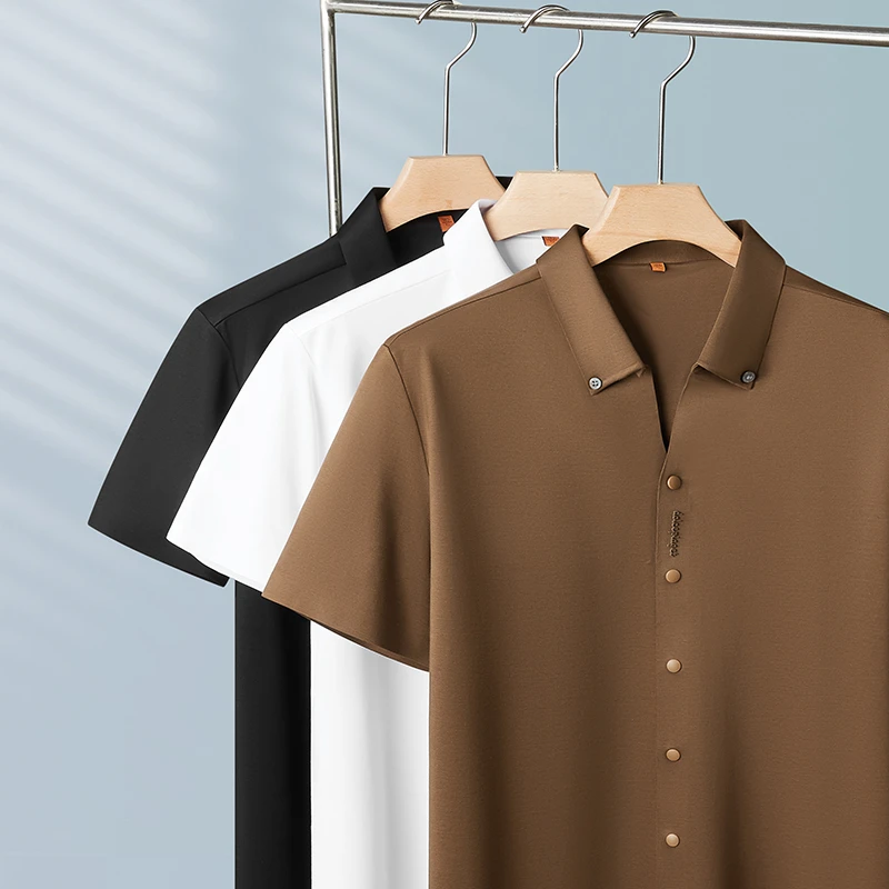 【老周大码】X-男士商务短袖衬衫纯色修身轻奢薄款休闲翻领上衣夏季