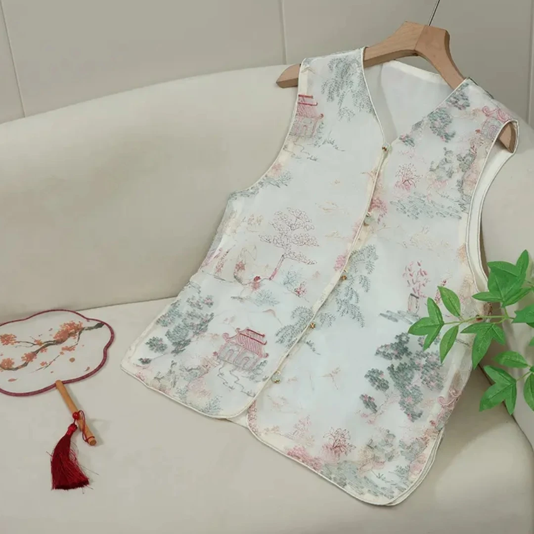 2160国潮中式复古刺绣亭台圆领薄款马夹时尚无袖国风马甲坎肩卿