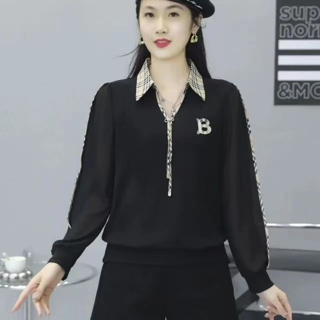 X8017中年妈妈春秋休闲宽松长袖衬衫时尚洋气大码上衣