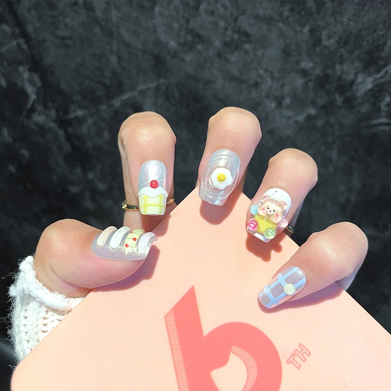 0121 可爱卡通风格纯手工少女短圆穿戴美甲贴片可拆卸